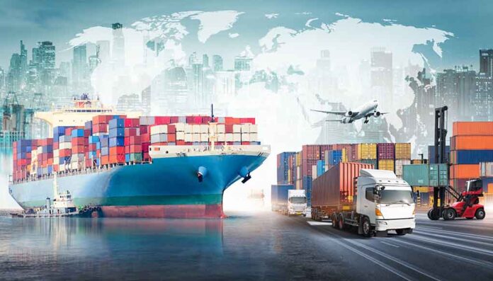 Transportation modalities: ship, truck, cargo containers, airplane, city backdrop.