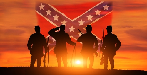 Silhouetted soldiers saluting against a sunset backdrop with a Confederate flag
