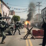 Mexico FURIOUS After Secret CIA Mission Exposed… A chaotic urban scene with armed soldiers and an explosion in the background