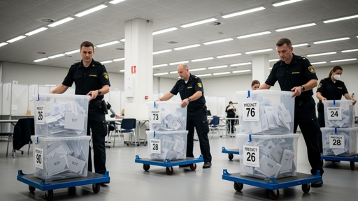 shutterstock_2757718599.jpg Election officials transporting ballot boxes in a counting facility