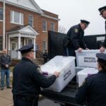 Judge BLOCKS “Independent” Party Power Grab… Police officers loading official ballot boxes into a truck outside a municipal building