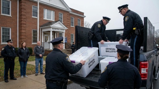 shutterstock_2757718823.jpg Police officers loading official ballot boxes into a truck outside a municipal building