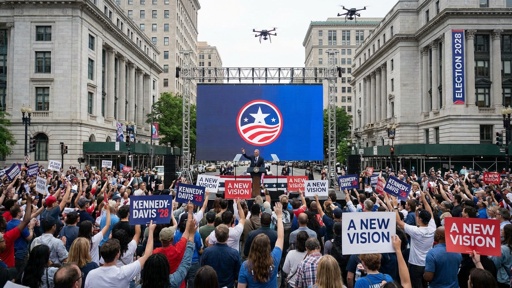 shutterstock_2766636155.jpg Crowd at a political rally holding signs and watching a speaker on stage