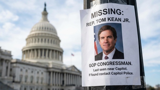shutterstock_2771130491.jpg Missing person poster for Rep. Tom Kean Jr. displayed outside the Capitol building