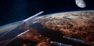 Rockets in space orbit Earth with the moon visible.
