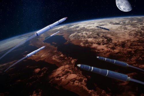 shutterstock2060933069-1jpg Rockets in space orbit Earth with the moon visible.