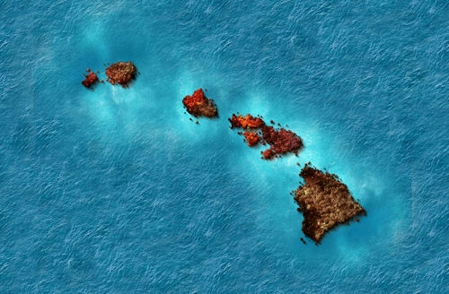 shutterstock_2347233825.jpg Aerial view of the Hawaiian Islands in blue ocean.