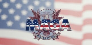 MAGA logo with an eagle and American flag background