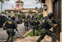 MAR-A-LAGO RAID SHOCKER – DOJ Emails Unveiled… FBI agents in tactical gear approaching a building during a raid