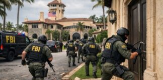FBI agents in tactical gear approaching a building during a raid