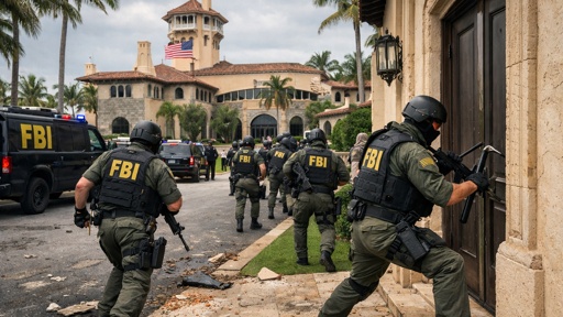 FBI agents in tactical gear approaching a building during a raid