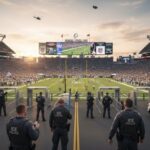 WATCH: Surveillance Blitz Looms Over WORLD CUP… Police officers standing in front of a packed football stadium during sunset
