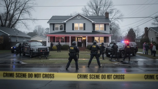 shutterstock_2755604461.jpg FBI agents at a crime scene outside a house with police vehicles and caution tape