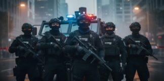 A SWAT team in tactical gear standing in front of an armored vehicle