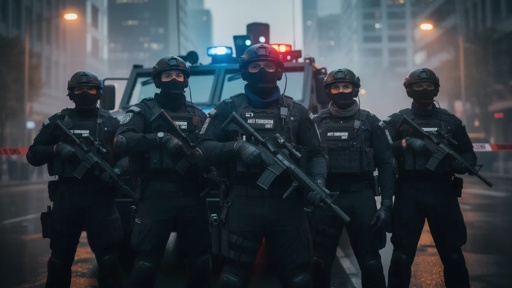 Anti,Terrorism,Unit A SWAT team in tactical gear standing in front of an armored vehicle