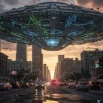 BREAKING: Trump UNLEASHES Forbidden UFO Files—Decades Hidden… A large UFO hovering above a city street during sunset