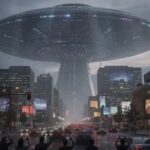 Trump SHATTERS UFO Cover-Up — Files Released… A large UFO hovering over a city street with people looking up in awe