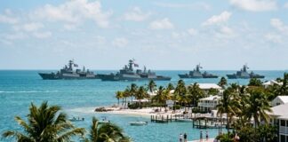 A fleet of naval ships sailing in the ocean near a tropical shore