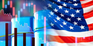Oil barrels, American flag, and financial graphs.