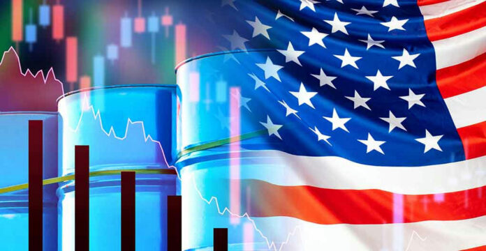 1667905318 Oil barrels, American flag, and financial graphs.