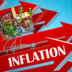 Inflation SPIKE Shocks — 3-Year High Shopping cart filled with groceries atop Inflation arrow.