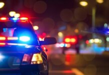 CRASH MADNESS — Attempted RESCUE Turns Bonkers Police car with flashing lights parked on a city street at night