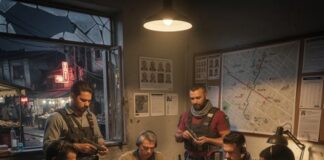 A group of tactical officers gathered around a table analyzing maps and documents