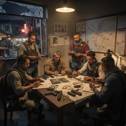 Covert,Cia,Assassins,Getting,Ready,To,Go,On,An,Undercover A group of tactical officers gathered around a table analyzing maps and documents