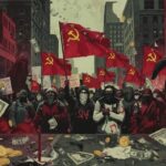 GOP FURIOUS: Socialist Surge Shocks This State… A crowd of protesters holding communist flags and money in a city setting
