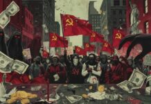 GOP FURIOUS: Socialist Surge Shocks This State… A crowd of protesters holding communist flags and money in a city setting