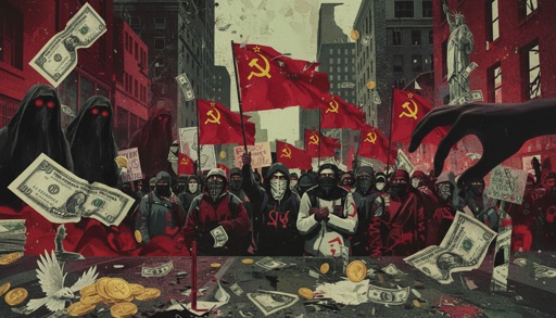A,Collage,With,No,Words,Of,Minnesota,Protestors,,Communist,Flags, A crowd of protesters holding communist flags and money in a city setting