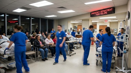Realistic,Over,Run,Emergancy,Rooms,Face,Paced,Busy Busy emergency department with healthcare workers attending to patients