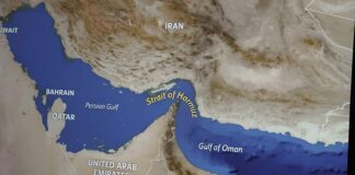 Map highlighting the Strait of Hormuz between Iran and the Arabian Peninsula