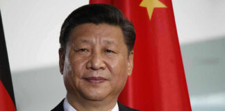 Man in suit standing before Chinese flag.