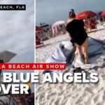 Blue Angel’s Scary Low Flyover – Tents Go Flying Low Blue Angels flyover at Pensacola Beach sends items flying, shocks beachgoers