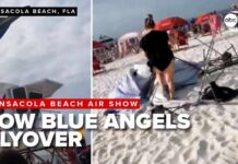 Low Blue Angels flyover at Pensacola Beach sends items flying, shocks beachgoers