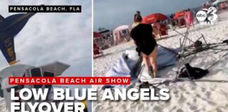 Low Blue Angels flyover at Pensacola Beach sends items flying, shocks beachgoers