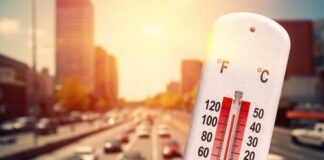 Thermometer displaying high temperature with a busy road in the background