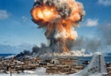 A nuclear explosion with a military aircraft in the foreground