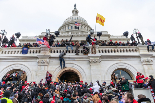 Crowd at U.S. Capitol building with flags and cameras.