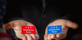 Republican Party red card, Democratic Party blue card.