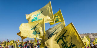 People waving Hezbollah flags at a large outdoor gathering.