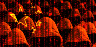 Men in hoodies behind binary code and Chinese flag.